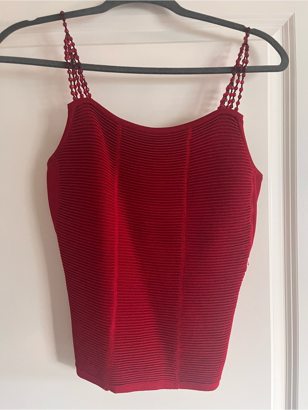 Vintage Beaded-Strap Ribbed Red Camisole